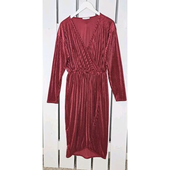 MSCH Copenhagen Vivi Vivo Rib V Neck Wrap Stretch Dress Velvet Cranberry‎ Red L - Picture 3 of 12